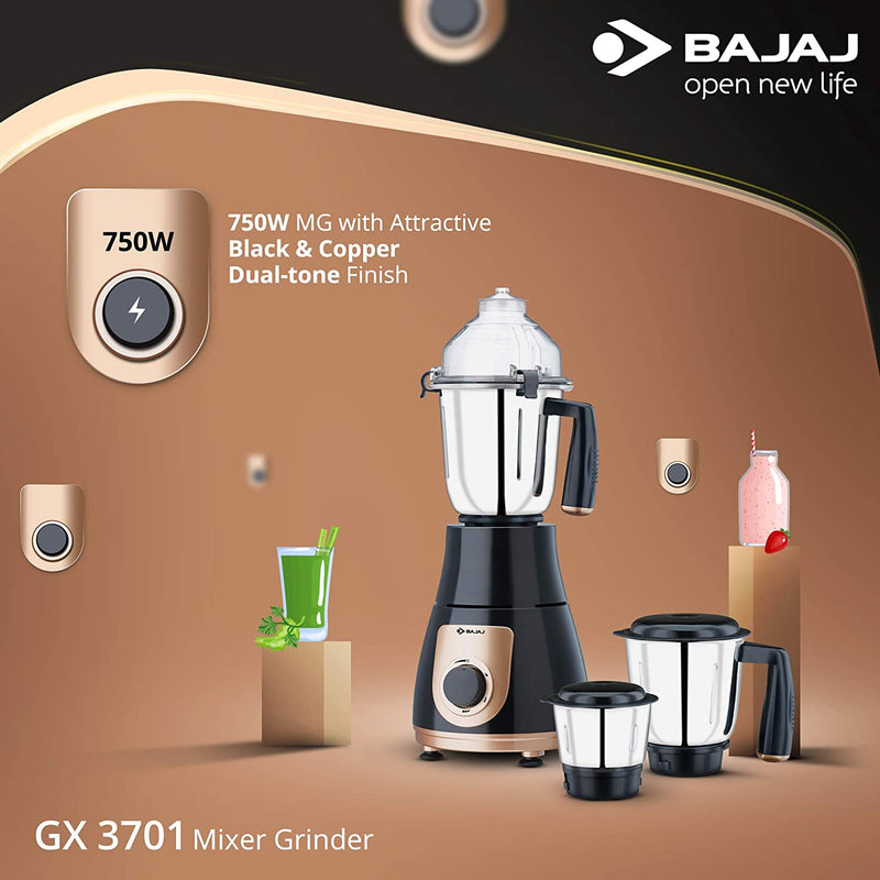 Bajaj GX 3701 750 Watts Mixer Grinder Indian with 3 Jars (Black) + UK or EU Plug
