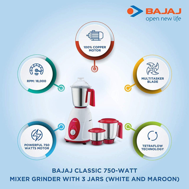 Bajaj Classic Mixer Grinder Indian, 750W, 3 Jars (White and Maroon) + UK or EU Plug