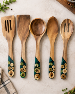 Natural Acacia Wooden Kitchen Utensils Individual or 5, 7, 8, 10 Piece Sets Cooking Slotted Spoon Flat Slotted Spatulas Salad Fork Holder