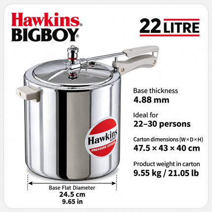 Hawkins Bigboy Pressure Cooker 14L 18L 22L Aluminium Large Capacity Cooker for Bulk Cooking