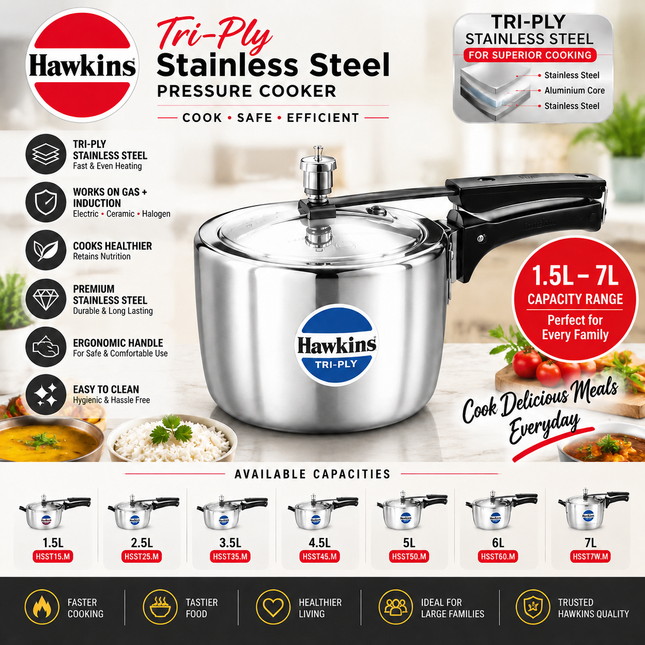 Hawkins Triply Stainless Steel Pressure Cooker 1.5L 2.5L 3.5L 4.5L 7L 3mm Steel Inner Lid Induction Compatible
