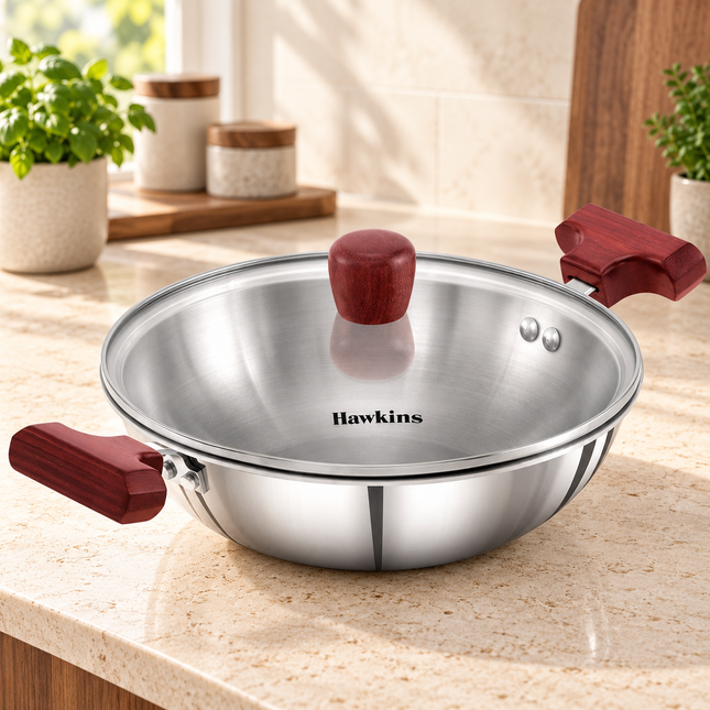 HAWKINS 1.5, 2.5litrová pánev na smažení, třívrstvá nerezová pánev Kadai se skleněnou poklicí, ploché indukční dno Kadhai, malá pánev Kadai, stříbrná