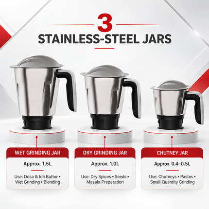 Bajaj Ninja Series Elegance 500W Indian Mixer Grinder Mixie 3 Stainless Steel Jars Wet Dry Grinding Chutney Making Black