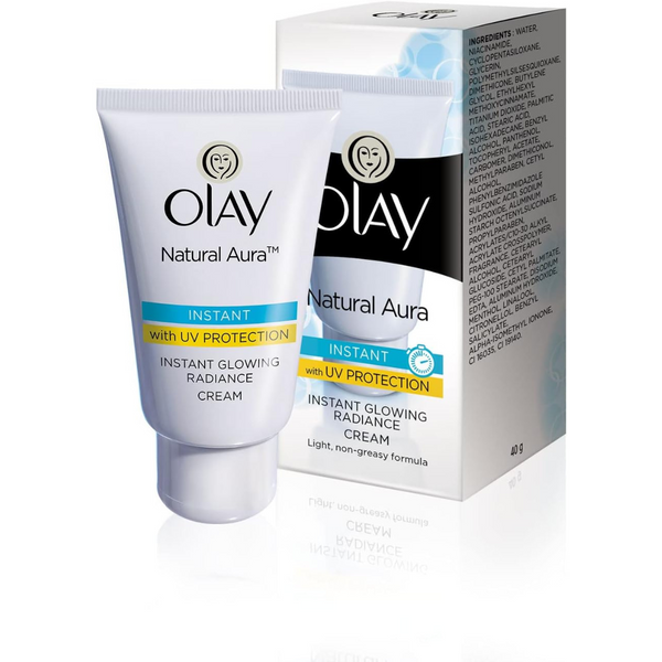 Olay Natural Aura Instant Glowing Radiance Cream with UV Protection – 40g | Light, Non-Greasy Daily Face Cream for Bright, Healthy Skin