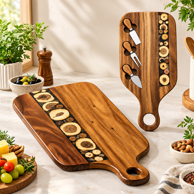 Acacia Wood Resin Serving Board Set Appetizer Platter + Knife Set Charcuterie Board Handle Cheese Dessert Handmade