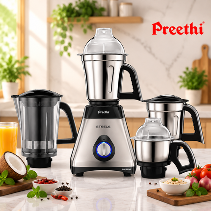 Preethi Steel Supreme MG208 750W Indian Mixer Grinder 4 Jars Wet Dry Grinding Super Extractor