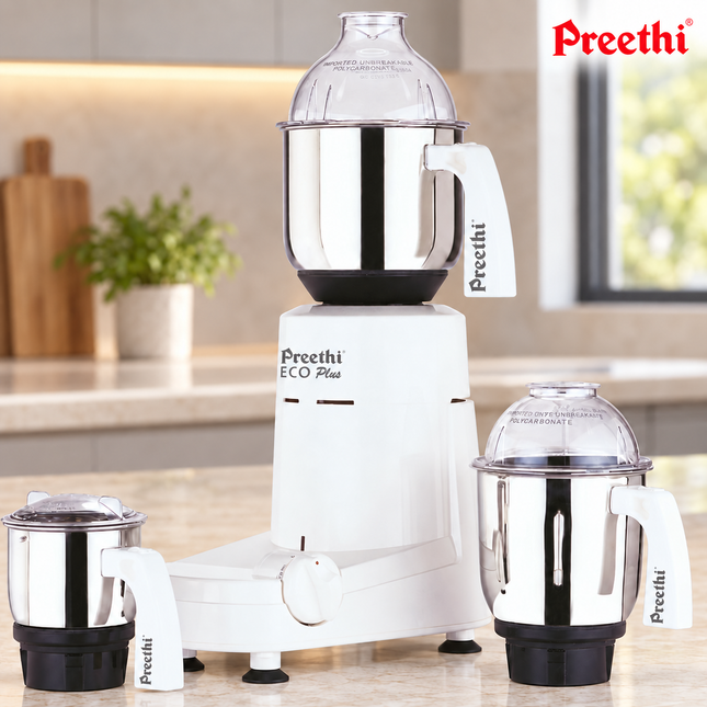 Preethi Eco Plus MG 138 550W Indian Mixer Grinder 110V with 3 Stainless Steel Jars for Spices Chutney Masala and Indian Cooking