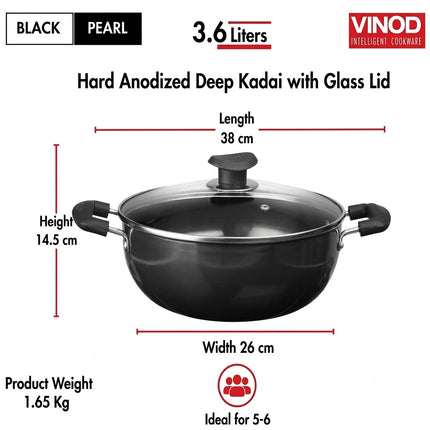 VINOD Hard Anodized Aluminium Cookware Pan + Glass Lid 18cm 20cm 22cm 24cm 26cm Stove Compatible Kitchen Cookware Durable Cooking  Curry Rice Everyday Meals