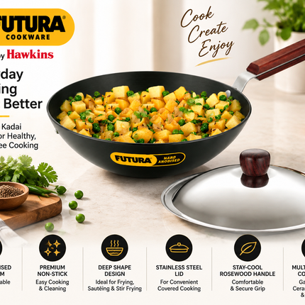Hawkins Futura 2.5L Hard Anodised Deep Fry Pan Kadai with Stainless Steel Lid