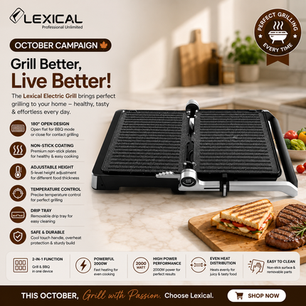 Lexical Germany Contact Grill 2000W Sandwich Maker Panini Press 180 Degree Open Grill