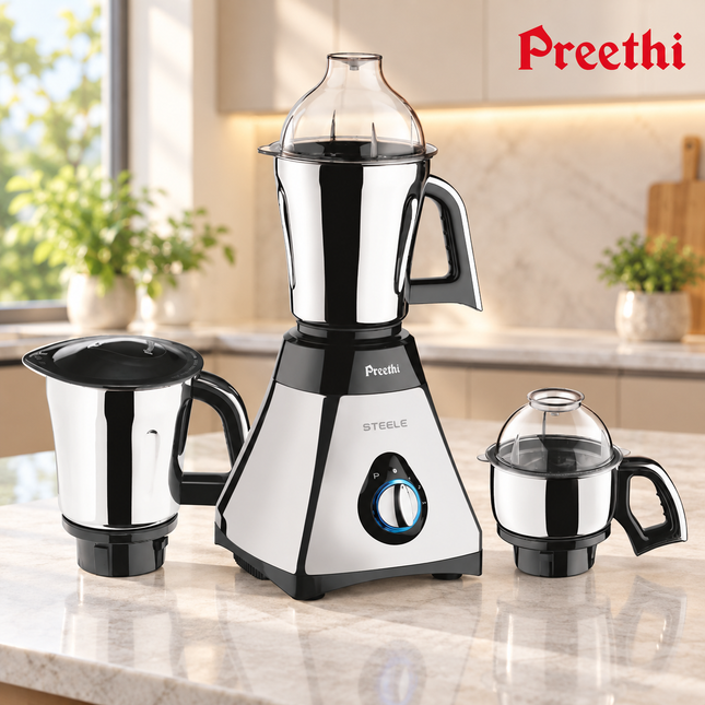 Preethi Steele 550W Indian Mixer Grinder Mixie 110V 3 Stainless Steel Jars Dosa Chutney Spices Masala Cooking