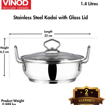 VINOD Stainless Steel Kadai + Glass Lid Deep Indian Kadhai Pan 18cm 20cm 24cm 26cm 30cm Heavy Duty Frying Curries  Stir Fry GAS Induction Compatible Cooking