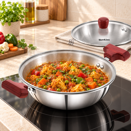 Hawkins Tri Ply Stainless Steel Kadai 1.5L 2.5L Deep Fry Pan Glass Lid GAS Induction Compatible
