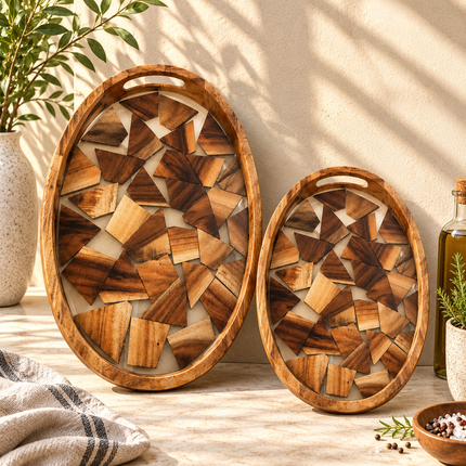 Acacia Wood Serving Tray Set of 2 with Resin Mosaic Tile Design Round Oval Decorative Trays for Breakfast, Tea, Coffee and Home Décor