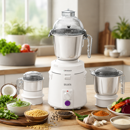 Sujata Dynamix 900W Indian Mixer Grinder with 3 Stainless Steel Jars for Wet Dry Grinding Chutney and Masala