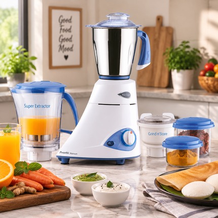 Preethi Blue Leaf Platinum 550W Indian Mixer Grinder 110V US Kitchen Blender with 3 Stainless Steel Jars