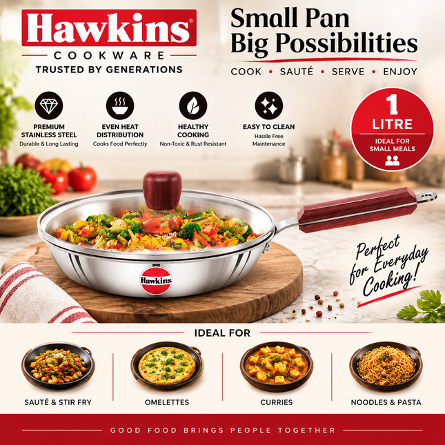 Hawkins Tri Ply Stainless Steel Frying Pan 26cm Glass Lid 3mm Construction