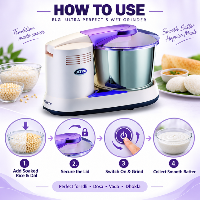 Elgi Ultra Perfect S 2L Table Top Wet Grinder 110V with Atta Kneader for Idli Dosa Batter Vada and Dhokla