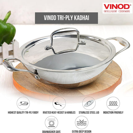 VINOD Platinum Tri-Ply Stainless Steel Kadai + Lid Kadhai 18cm 20cm 22cm 24cm 26cm Induction Gas Compatible Heavy Duty