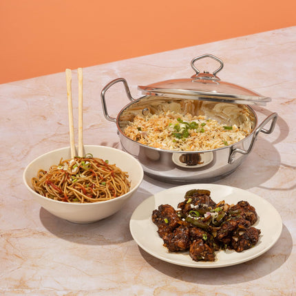 VINOD Stainless Steel Kadai + Glass Lid Deep Indian Kadhai Pan 18cm 20cm 24cm 26cm 30cm Heavy Duty Frying Curries  Stir Fry GAS Induction Compatible Cooking