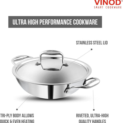 VINOD Platinum Triply Stainless Steel Deep Kadhai Kadai + Lid 26cm 28cm 30cm GAS Induction