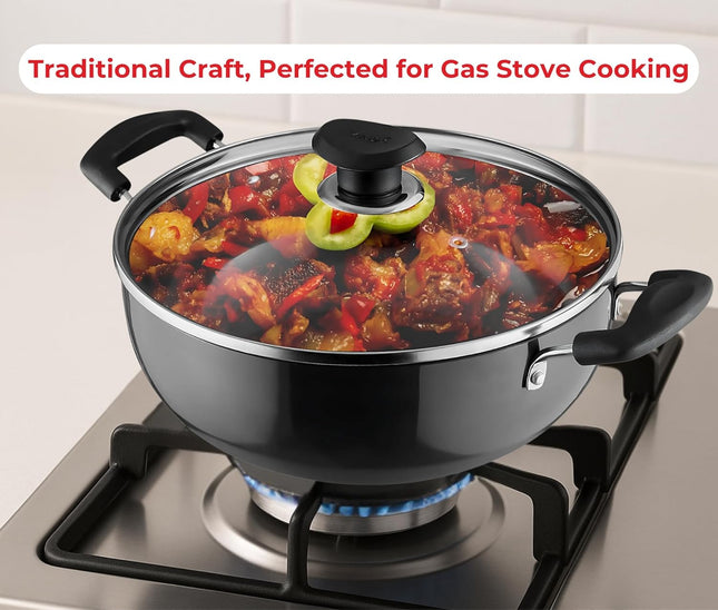 VINOD Hard Anodized Aluminium Cookware Pan + Glass Lid 18cm 20cm 22cm 24cm 26cm Stove Compatible Kitchen Cookware Durable Cooking  Curry Rice Everyday Meals