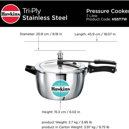 Hawkins Triply Stainless Steel Pressure Cooker 1.5L 2.5L 3.5L 4.5L 7L 3mm Steel Inner Lid Induction Compatible