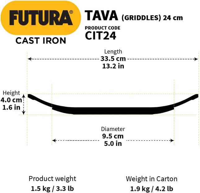 Hawkins Futura Cast Iron Tawa 24cm Pre Seasoned Naturally Non Stick Roti Chapati Griddle