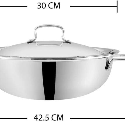 VINOD Tri Ply Stainless Steel Kadai with Lid Induction Kadhai for Cooking and Frying 18cm 20cm 22cm 24cm 26cm 30cm