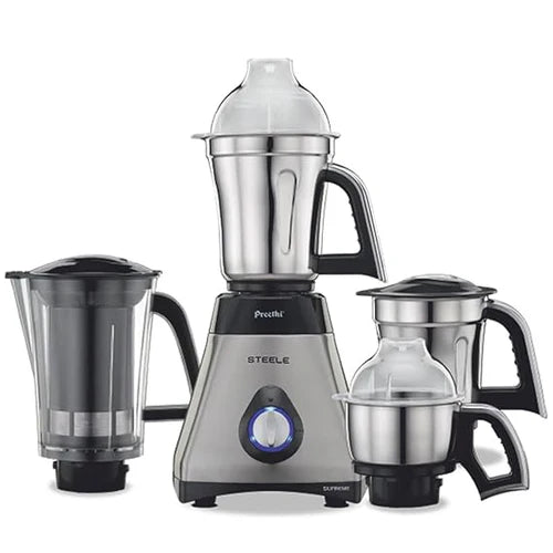 Preethi Steel Supreme Mixer Grinder for Kitchen, 750 Watt Mixie, 4 jars - Super Extractor juicer Jar Black & Silver