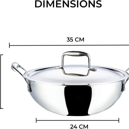 VINOD Platinum Tri-Ply Stainless Steel Kadai + Lid Kadhai 18cm 20cm 22cm 24cm 26cm Induction Gas Compatible Heavy Duty