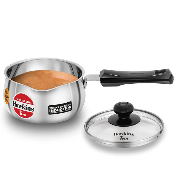 HAWKINS 1 , 1.5 , 2 Litre Stainless Steel TPan with Glass Lid Induction Saucepan Steel Utensil Silver