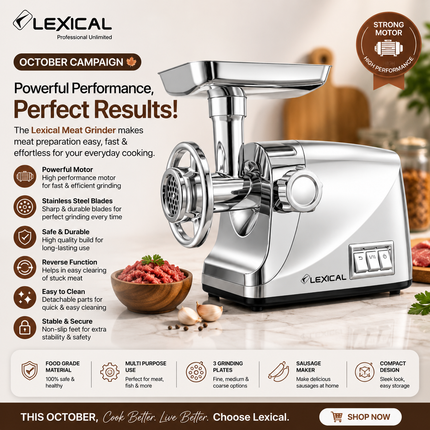 Lexical Germany Electric Meat Grinder 2000W Mincer 2 Speeds 3 Grinding Plates Sausage Maker