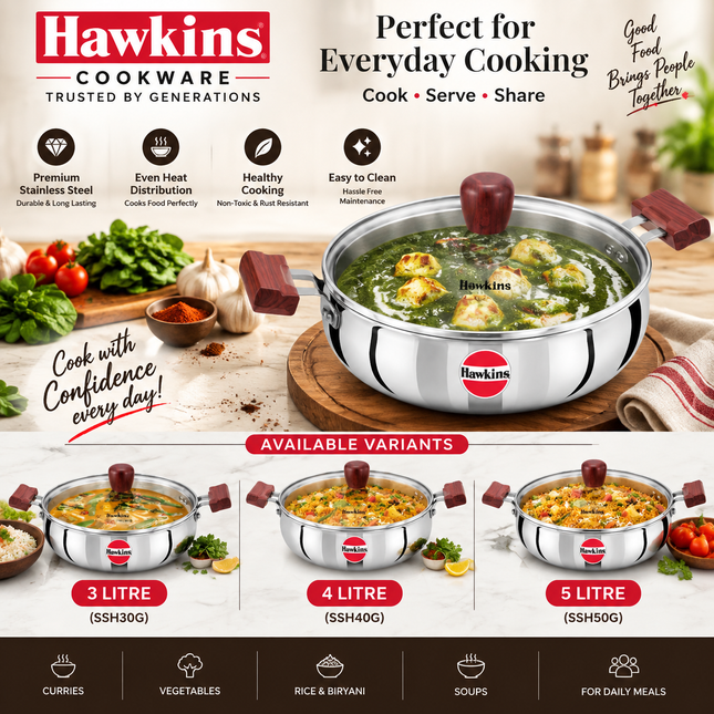 Hawkins Tri Ply Stainless Steel Handi 3L 4L 5L Glass Lid Induction Compatible Cook Serve Pot