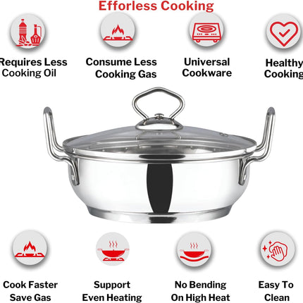 VINOD Stainless Steel Kadai + Glass Lid Deep Indian Kadhai Pan 18cm 20cm 24cm 26cm 30cm Heavy Duty Frying Curries  Stir Fry GAS Induction Compatible Cooking