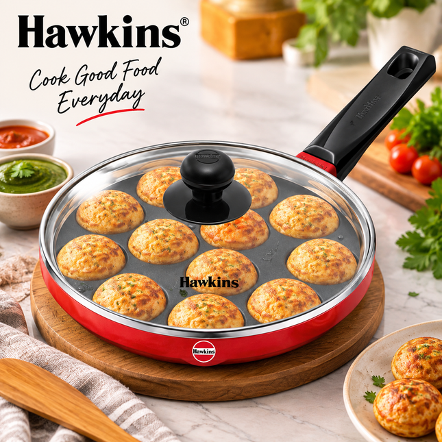 Hawkins Non Stick Appe Pan 20cm 24cm 12 Cup Paniyaram Pan Glass Lid