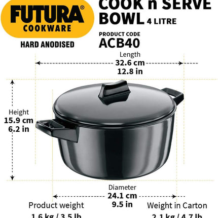 Hawkins Futura Hard Anodised Cook-n-Serve Bowl + Lid – 2L, 3L, 4L, 6L Casserole Pot