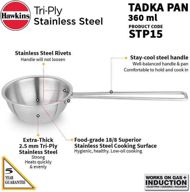 Hawkins 1.5 Cup Tadka Pan 360 ml Stainless Steel Induction Plate Silver