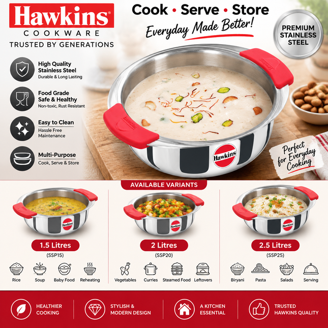 Hawkins Tri Ply Stainless Steel Cook Serve Handi 1.5L 2L 2.5L Silicone Grip