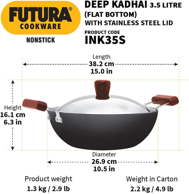 Hawkins Futura Hard Anodised Non Stick Deep Kadhai 3.5L 5L Induction Compatible Flat Bottom Cooking Pan