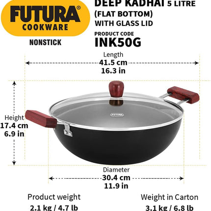 Hawkins Futura Hard Anodised Non Stick Deep Kadhai 3.5L 5L Induction Compatible Flat Bottom Cooking Pan