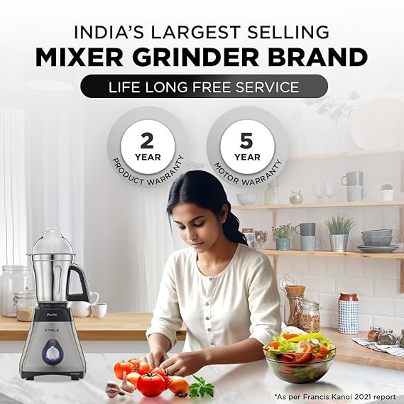 Preethi Steel Supreme Mixer Grinder for Kitchen, 750 Watt Mixie, 4 jars - Super Extractor juicer Jar Black & Silver