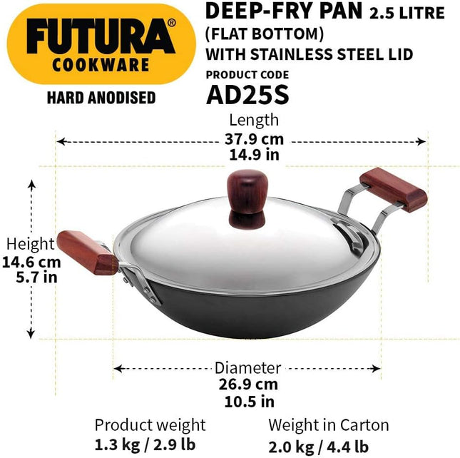 Hawkins Futura Hard Anodised Deep Fry Pan 2.5L 3.75L 5L 7.5L Stainless Steel Lid