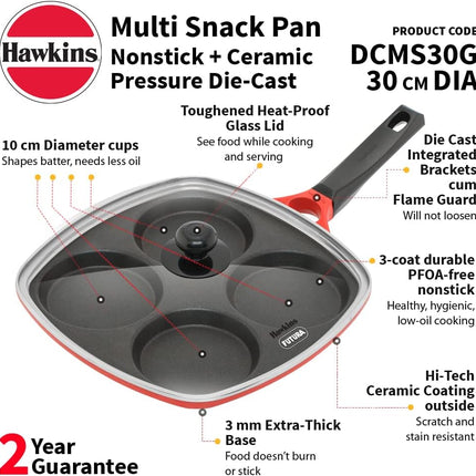 Hawkins 30cm Multi Snack Pan Non Stick Mini Uttapam Pan + Glass Lid