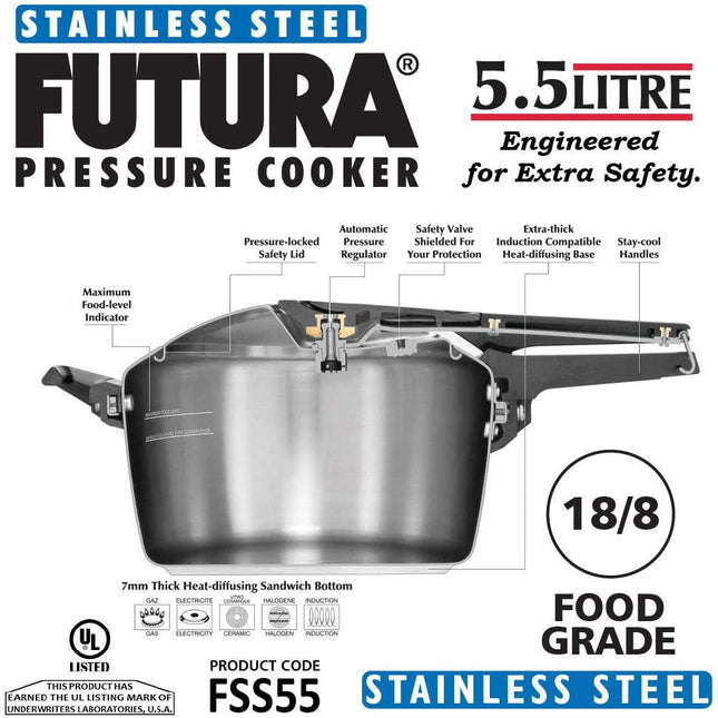 Hawkins Futura Stainless Steel Pressure Cooker 5.5L Inner Lid Induction Compatible Cooker