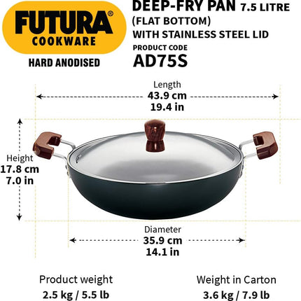 Hawkins Futura Hard Anodised Deep Fry Pan 2.5L 3.75L 5L 7.5L Stainless Steel Lid