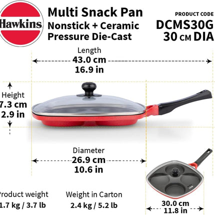 Hawkins 30cm Multi Snack Pan Non Stick Mini Uttapam Pan + Glass Lid