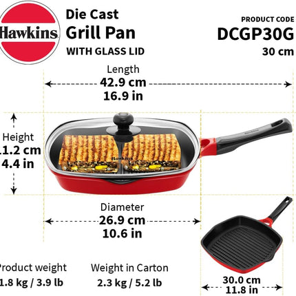 Hawkins Grill Pan 30cm Non Stick Square Ceramic Coated Pan + Glass Lid Sandwich Grilling