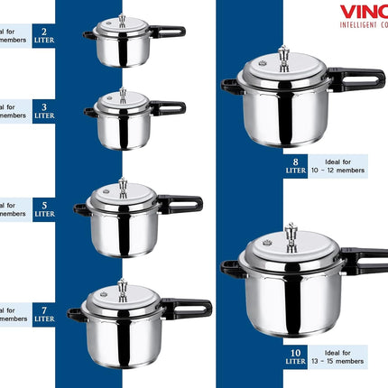 VINOD Stainless Steel Outer Lid Pressure Cooker Induction Gas Compatible Cooker 2L 3L 5L 7L 10L