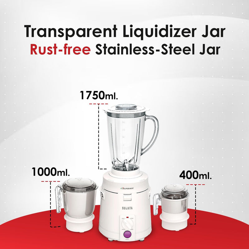 Sujata Supermix 900 Watts Mixer Grinder | 22000 Rotations Per Min | 90 Minutes Continuous Running | 3 Versatile Jars 1750 ml, 1000 ml and 400 ml